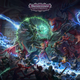 A group of heroes fight a massive demon while a hoard of monsters rushes at their back. Lightning dances across the foreground as a wizard in a ball of green energy prepares a magical attack.